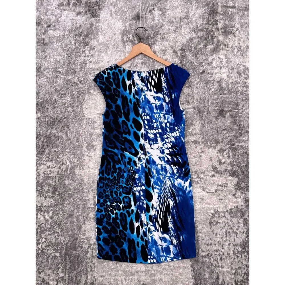 Cache Dress 12 Womens Blue Abstract Leopard Sheath Cocktail